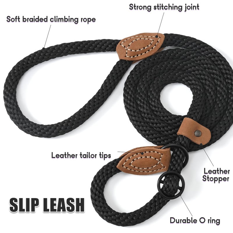 Mile High Life Slip Leads for Dogs | Heavy Duty Dog Training Leash | 5 Feet No Pull Slip Leashes w Leather Tip | Black Rope Lead for Dogs Outside - Image 4